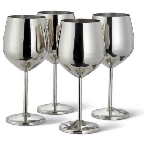 Oak & Steel - 4 Elegant Stainless Steel Silver Wine Glasses, 500ml - Unbreakable Goblet Glass Gift Set for Valentines Wedding Anniversary Birthday Party Cover