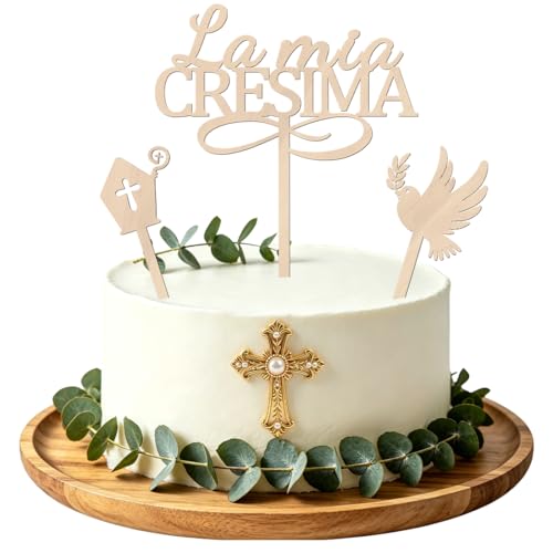 3pcs Topper Torta La Mia Cresima Legno, Cake Topper Comunione con Piccione Stele Croce, Addobbi Torta Cresima per Bambini Decorazione Torta Cupcake Battesimo Festa