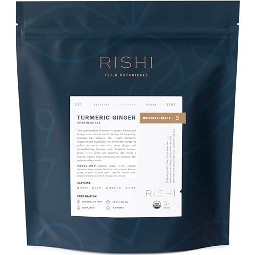 Rishi Tea Turmeric Ginger Herbal Tea - Organic Loose Leaf, Caffeine Free Ayurvedic Digestive Blend with Spicy Ginger & Citrus - 16 Ounces, 55+ Servings