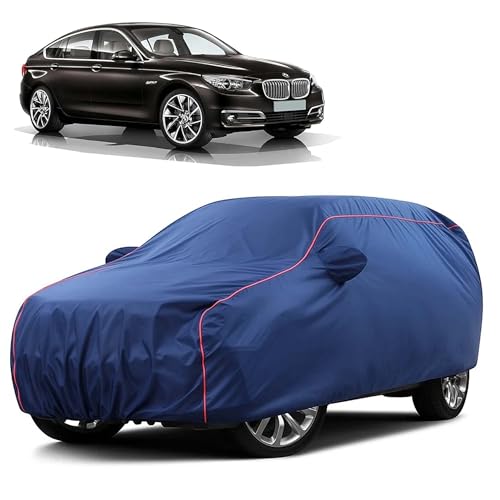 Image of Sulfar 100% Water Resistant Car Body Cover Compatible with Mirror for BMW 5 Series GT (Triple Stitched, Full Bottom Elastic, Blue Taffeta with Red Piping)