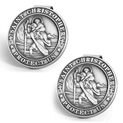 Qflrgon 2PCS St Christopher Medal for Car, Visor Clips for Cars, Saint Christopher Medal, Guardian Angel Visor Clip, Catholic Gifts for Loved Ones, Friends and New Drivers