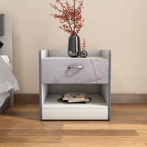 Image of Nilkamal Marbito Night Stand | Engineered Wood Build | Spacious Top Shelf |Drawer with Marble Finish and A Bottom Shelf | 1 Year Warranty | Frosty White
