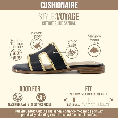 Image of CUSHIONAIRE Voyage Cutout Strap Slides for Women, Slip On Summer Flats, Trendy Footwear, Memory Foam Vegan Leather Comfortable Vacation Style Sandals