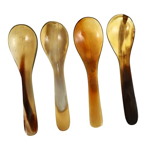 GLEAVI Cucchiaini Da Caffè in Corno Di Bue Naturali 4 Pezzi, Cucchiai Da Dessert e Mescolare Per Torte e Gelati, Resistenti Per Caffè, Tè e Spezie