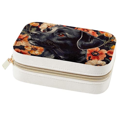 Boîte à bijoux portable chien et fleurs noires pour bagues et colliers