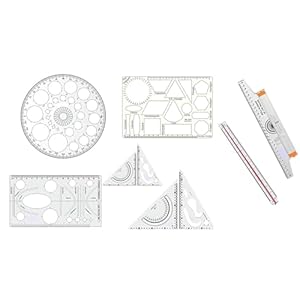 TWIN SEVEN® Pro Circle (25 Circles), Hyperbola Parabola & Geometry Template, Set Square Small & Big, Roll N Draw Ruler, Triangle Ruler Drafting Scale Ruler Architect, Engineer Students (Set Of 7)