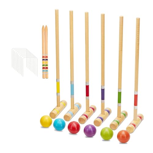 haoyunjianjiak 子供初心者 ゲートボール スティック ヘッド ケースセット 木製 6人用 カラーボール ウィケット ステーク付き クラシック裏庭芝生レクリエーションゲーム 大人 子供 家族に適しています (クロッケーセット)