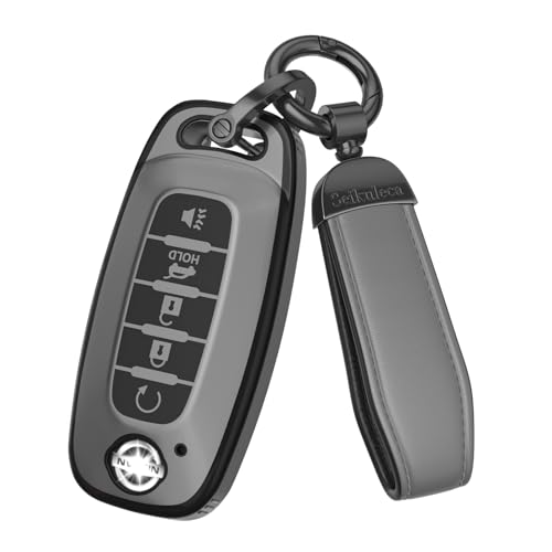 Seikuleca For Nissan Key Fob Cover Accessories- Matte TPU Key Fob Cover with Leather Keychain for 2023 2024 Rogue Pathfinder Versa 2025 Sentra Patrol Armada Smart and More (Matte Gray 5 Buttons)