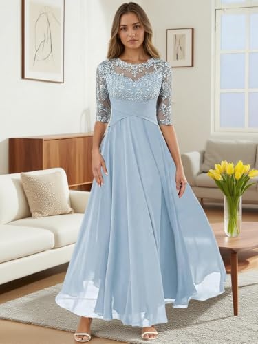 Lace Appliques Mother of The Bride Dresses with Sleeves Chiffon Pleated Scoop Neck Corset for Weddings2