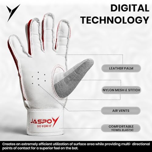 Image of Jaspo League Cricket Batting Gloves | Leather Palm for Superior Grip | EVA Foam Padding| Tri Curve Design| Air Vents| Towel Elastic Wrist| Nylon Mesh & Stitch| Ideal for Tennis Ball Cricket & Practice