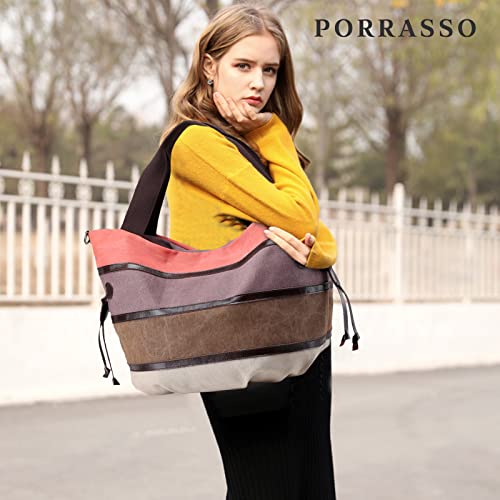 Image of Women Shoulder Bag Large Canvas Handbag Multi-Color Striped Crossbody Bag Satchel Ladies Hobo Tote for Travel Work Shopping Daily Use Orange