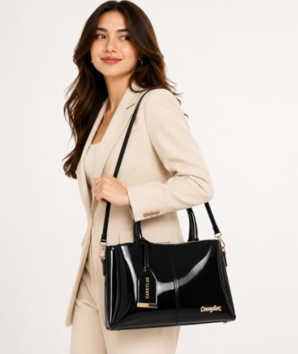 Image of Carrylux Women's Top Handle Bag | Hand Held bag | Stylish Patent Synthetic Leather Handbag with Dual Handles & Detachable Sling Strap | Beige Shoulder Purse for Work & Casual Outings
