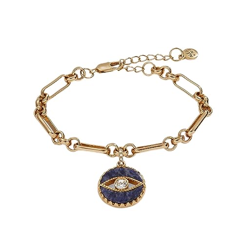 Alex and Ani Sodalite Evil Eye Adjustable Chain Bracelet, Shiny Gold Finish, Blue Charm, 2 to 3.5 in