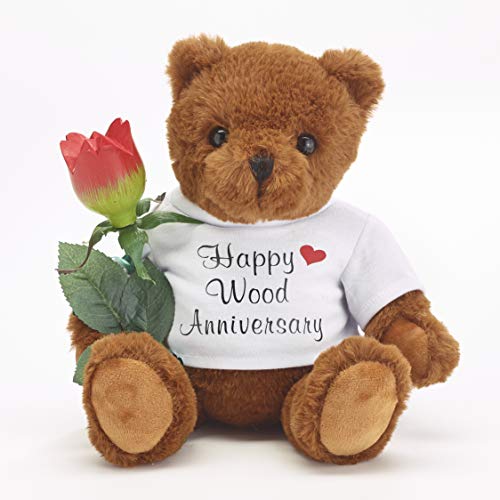 5th Anniversary Teddy Bear with Wood Rose
