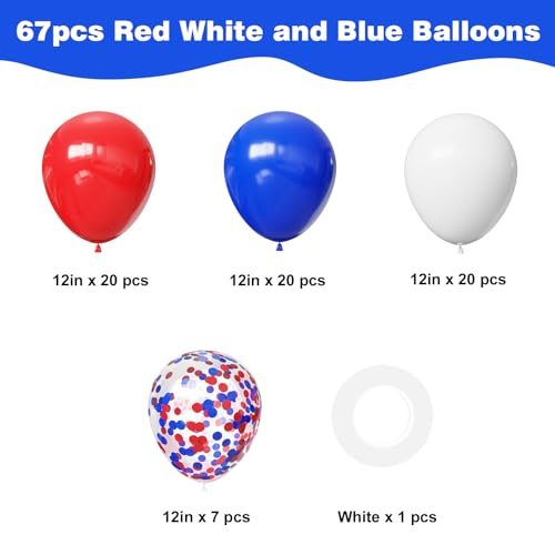 Image of YMSZ Red White and Blue Balloons, 4th of July Balloons Decorations | 67pcs, 12 Inch, Red and Blue Balloons for Independence Day Birthday Party Decorations