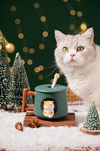 Dihoclub Ceramic Coffee Mug With Lid And Matching Spoon,Novelty 3D Cat Pattern Mug For Tea Milk Chocolate Juice,Cute Cup For Cat Lovers,Perfect Gifts-14 Ounces (Green) #TOP3