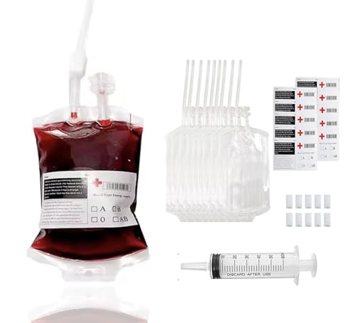 Ohh-nanjoo 10 Stück Halloween blutbeutel zum trinken, Halloween Trinkgefäß zum Befüllen, 350 Ml Infusionsbeutel mit Spritze Clips Blutart...