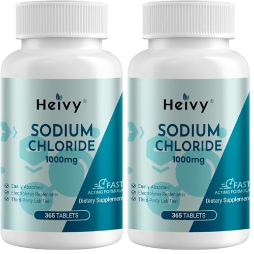 Image of Heivy Sodium Chloride Capsules 1000mg - Pure Salt-Tablets, 365 Tablets, Sodium Chloride, Non-GMO - Electrolyte Balance and Hydration Support, Electrolytes Replenisher Hydration Drink, (Pack of 2)