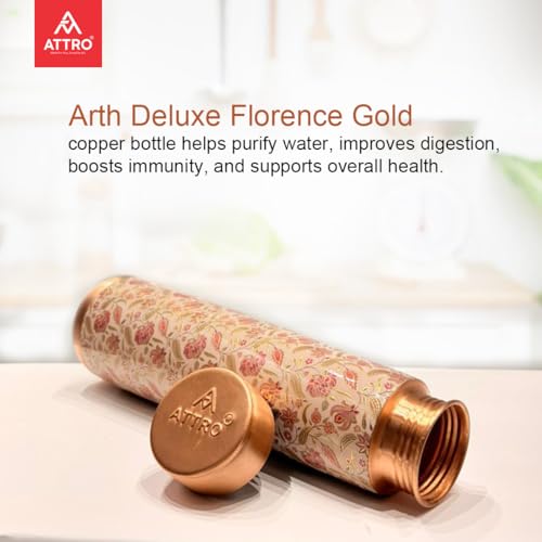 Image of ATTRO Arth Deluxe Copper Bottle Design Boosts Immunity Leakproof & Lightweight |Anti-Bacterial, BPA Free with Secure Cap for School, Travel, Gym & Work 900ml Florence Gold