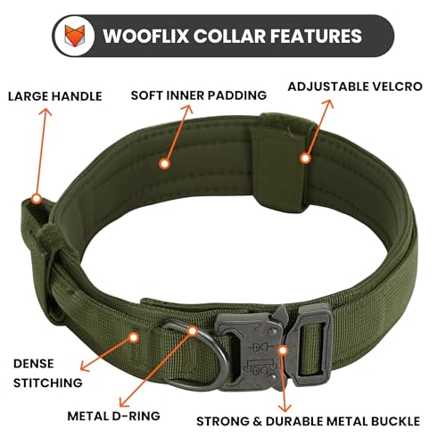 Image of Wooflix Metal Dog Collar for Training and Walks | Nylon Collar with Tactical Metal Buckle and D-Ring for Medium and Large Dogs | Dog Collar for Heavy Breed Dogs (Army Green, Medium)