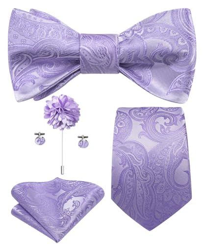 Image of Hi-Tie 5Pcs Mens Solid Color Silk Tie Satin Pretied Bowtie Lapel Pin for Men Handkerchief Cufflink Wedding Gift Box