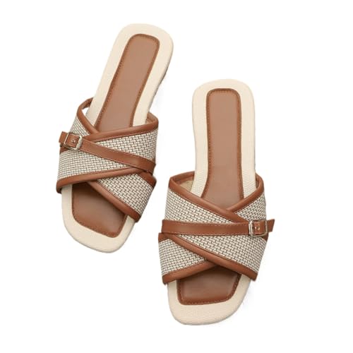 Image of Cibenf Flat Slippers for Women 2026 Plus Size Summer Cross Strap Buckle Beach Slippers (Brown,7)