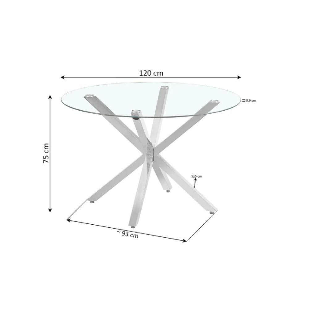 Mesa de Comedor Redonda 120 cm – Mesa de Cocina de Cristal Templado para 4-6 Personas – Mesa Redonda Moderna con Patas de Acero, Montaje Fácil, Carga 70 kg, Gris