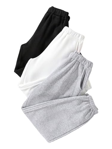 Floerns Girl's 3 Pcs Solid Elastic Waist Thermal Lined Jogger Sweatpants Black White Grey 9Y