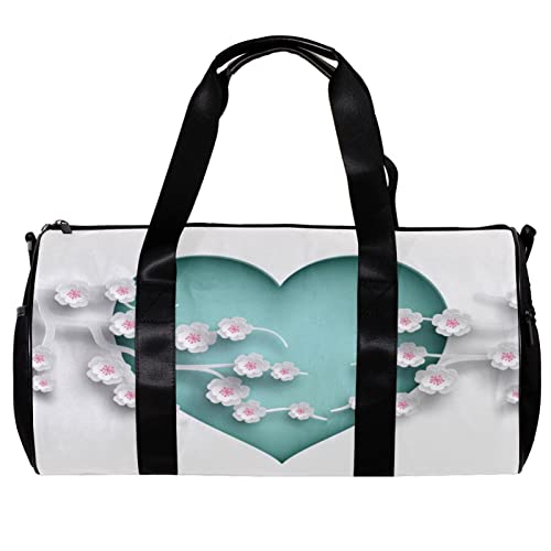 Runde Sporttasche mit abnehmbarem Schultergurt, grünes Herz, Kirschblüten, Trainingshandtasche für Damen und Herren Cover