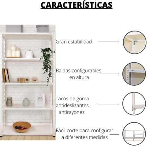 Estantería Metálica Modular Blanca 5 Baldas 170x75x30 cm, Capacidad 250 kg, Estantería de Almacenaje para Garaje, Trastero, Taller, Almacén, Despensa y Oficina