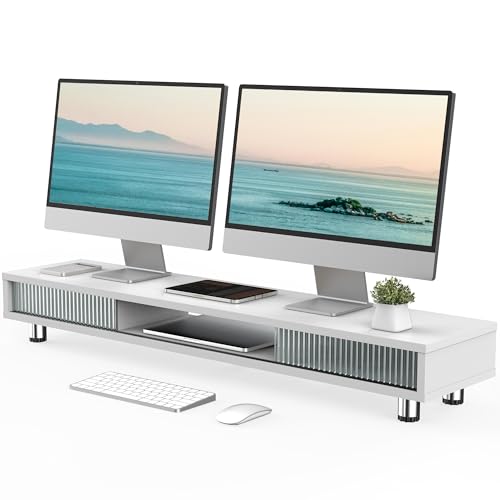 Doppio Supporto Per Monitor In Legno E Acciaio, Con Ripiano Portaoggetti, Per 2 Schermi, Alza Monitor Da Scrivania