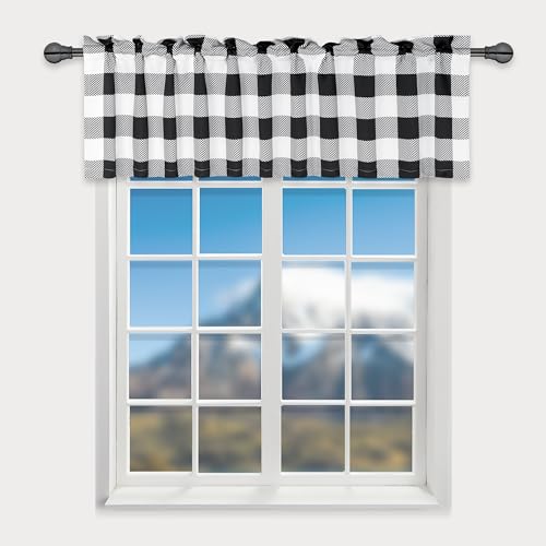 Simple Deluxe Buffalo Plaid Blackout Valances Curtains for Kitchen Windows, Living Room, Farmhouse, Bedroom, Rod Pocket Kitchen Curtain Valance, 52" W x 15" L, Black&White, New