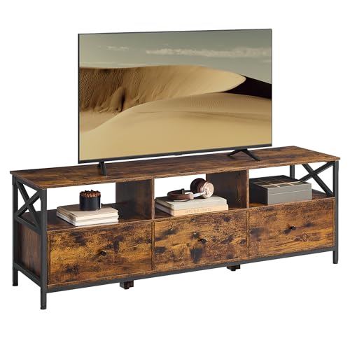 VASAGLE Mueble de TV, Mesa de TV de hasta 65 Pulgadas, con 3 Cajones de Tela y 3 Compartimentos Abiertos, 147 x 40 x 50 cm, para Salón, Dormitorio, Marco de Acero, Marrón Rústico y Negro LTV304KD01