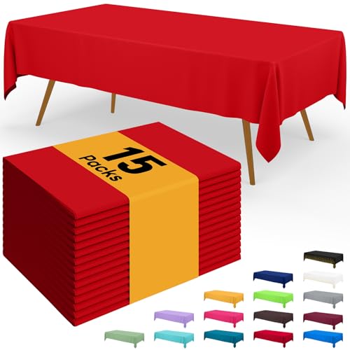 Image of Smiry Disposable Table Cloth - 15 Pack, 54 x 108 Inch Waterproof Rectangle Tablecloths for Parties, Decorative Plastic Table Cover, Leakproof & Sturdy, Red