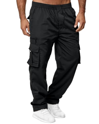 Image of Relwxea Mens Cargo Trousers Elasticated Waist Work Trousers Straight Fit Jogger Outdoor Lightweight Pants with Pockets Black M