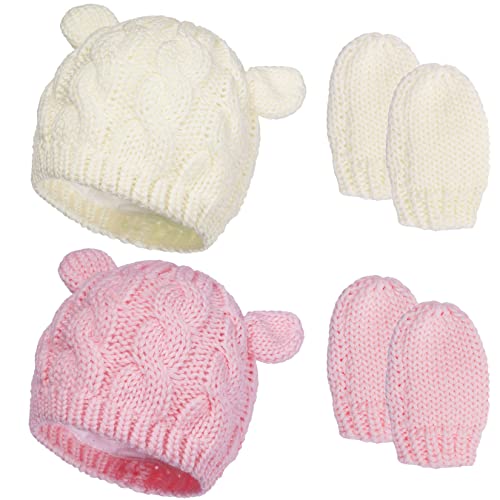 Image of 2 Set Newborn Winter Beanie Hats Gloves Kit for Baby Girls Boys Infant Toddler Warm Knitted Hats Glove Autumn Spring