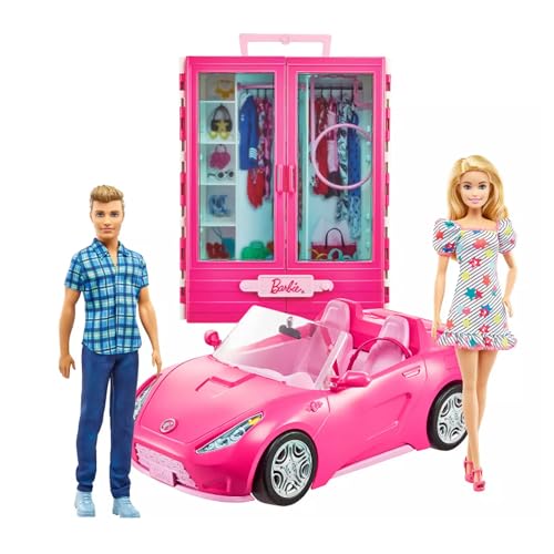 Muñecas Barbie y Ken con armario y auto convertible rosa miniatura 4