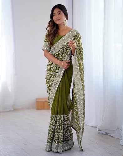 Image of SIRIL Women's Georgette Embroidery Saree With Unstitched Blouse