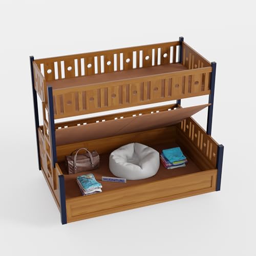 Image of Wudniture Solid Sheesham Wood Bunk Bed for Kids and Adults with Storage 6x4 feet Lower Bed and 6x3 feet Upper Bed (Brown and Blue)