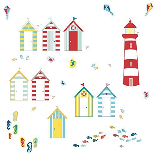 Reusable Fabric Beach Hut Wall Sticker, Red Beach Hut Decal Wallart, Removable and Repositionable Fabric Wall Stickers