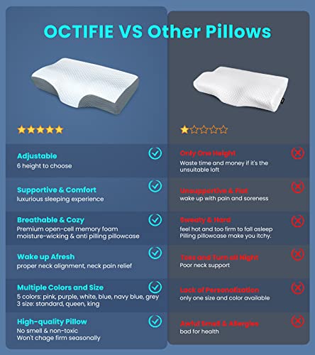 Octifie Adjustable Cervical Pillow For Neck And Shoulder Pain Relief, 5X Support Memory Foam Pillows For Sleeping, Orthopedic Contour Traction Pillow Odorless, Bed Pillow For Side Back Stomach Sleeper #TOP5