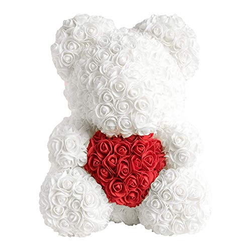 Infinity Flowerbox Rosa preservada de Oso Mediano, Color Blanco