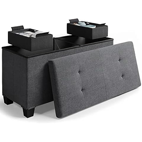 Storage Ottoman Bench with Storage Bins, 30-In Storage Bench for Bedroom End of Bed, Folding Foot Rest Ottoman with Storage for Living Room, Storage Chest Max 660lbs, Linen Fabric Grey Ottoman Cover