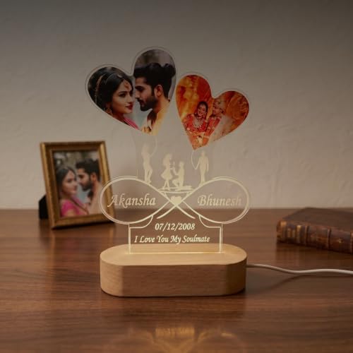 Image of Personalized Double Heart LED Photo Lamp with Name & Date | Custom Acrylic Couple Night Light with Wooden Base | Romantic Gift for Anniversary, Wedding, Valentine, Birthday