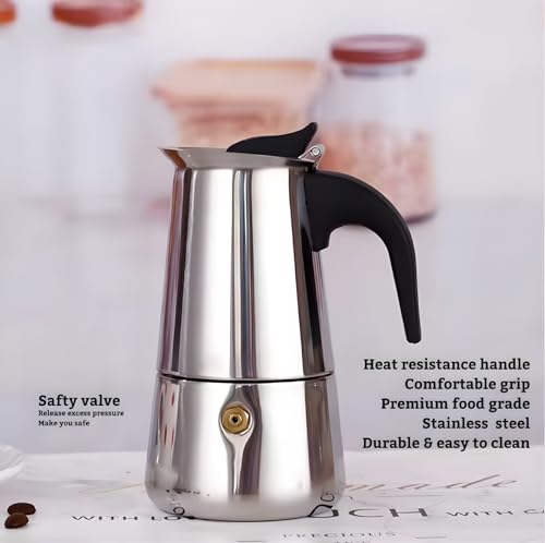 Image of Stainless Steel Moka Pot Espresso Maker,Stovetop Moka pot,Percolator Coffee Pot,Italian Coffee Maker,Cuban Cafe Brewing,Greca Coffee Maker (4 CUP)