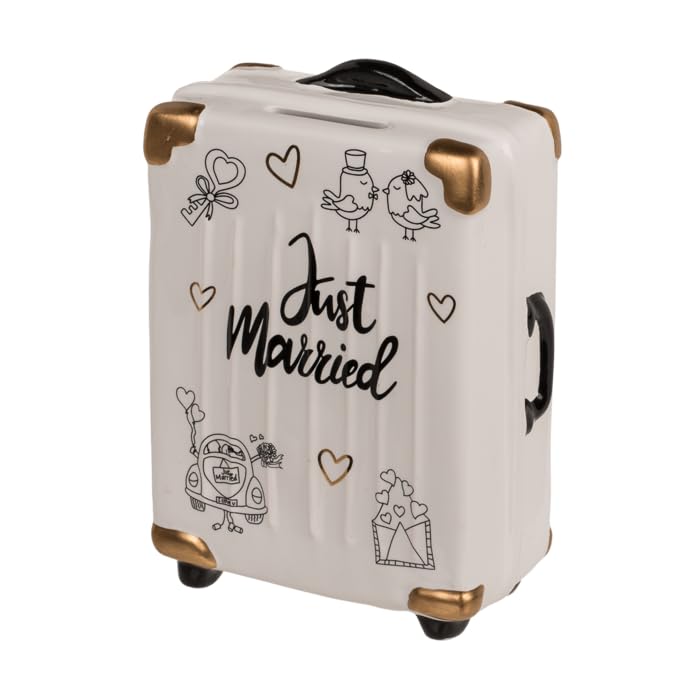 BLUECHOLON Tirelire Valise Trolley Mariage Céramique Tirelire Just Married avec Couvercle.