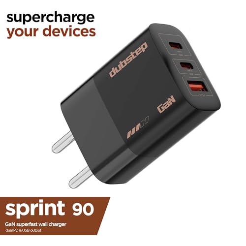 Image of Dubstep Sprint 90W GaN Triple Port Charger | 65W + 25W Type-C PD + USB-A QC 3.0 | PowerBlitz Technology | Charge 3 Devices Simultaneously | for MacBook, iPhone, Samsung, OnePlus (Black)