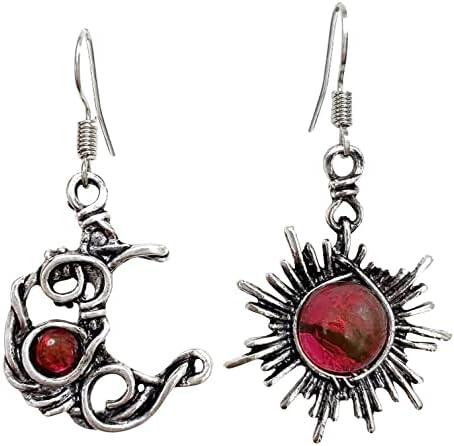 ANDPAI Unique Chic Abstract Hollow Black Vintage Silver Asymmetry Moon Star Sun Dangle Drop Earrings Black Moonstone Moon Hypoallergenic Earrings for Women Girls Teen Statement Jewelry Gifts (Rose Red)