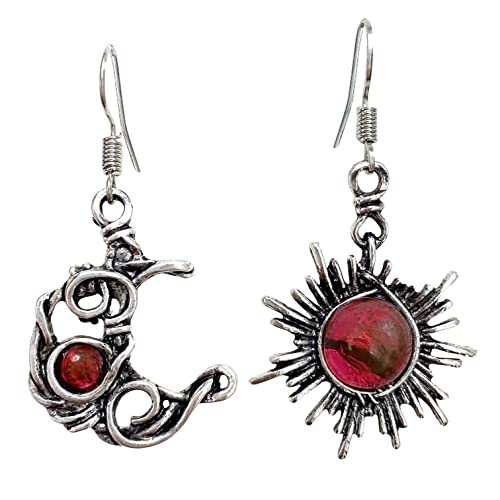 Andpai Unique Chic Abstract Hollow Black Vintage Silver Asymmetry Moon Star Sun Dangle Drop Earrings Black Moonstone Moon Hypoallergenic Earrings For Women Girls Teen Statement Jewelry Gifts (Rose Red) #TOP3