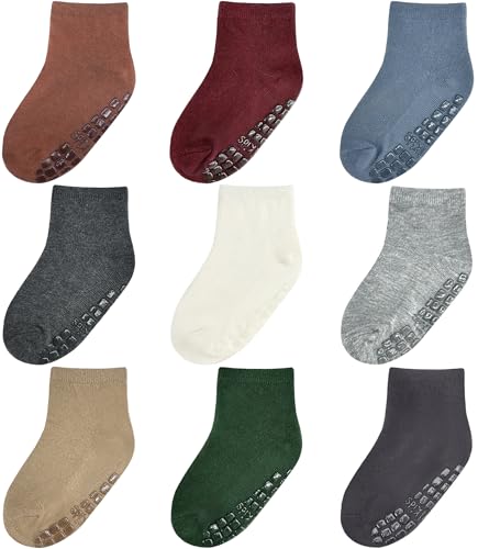 Image of Baby Mid-Crew Socks with Grips (9 Pairs) for 0-7 Years Old Toddler Boy Girl Kids